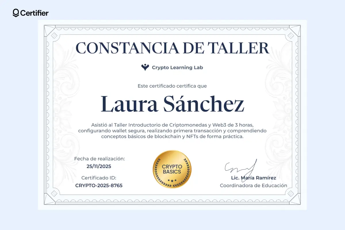 Modelos de certificados para talleres con insignia dorada y fondo decorativo.