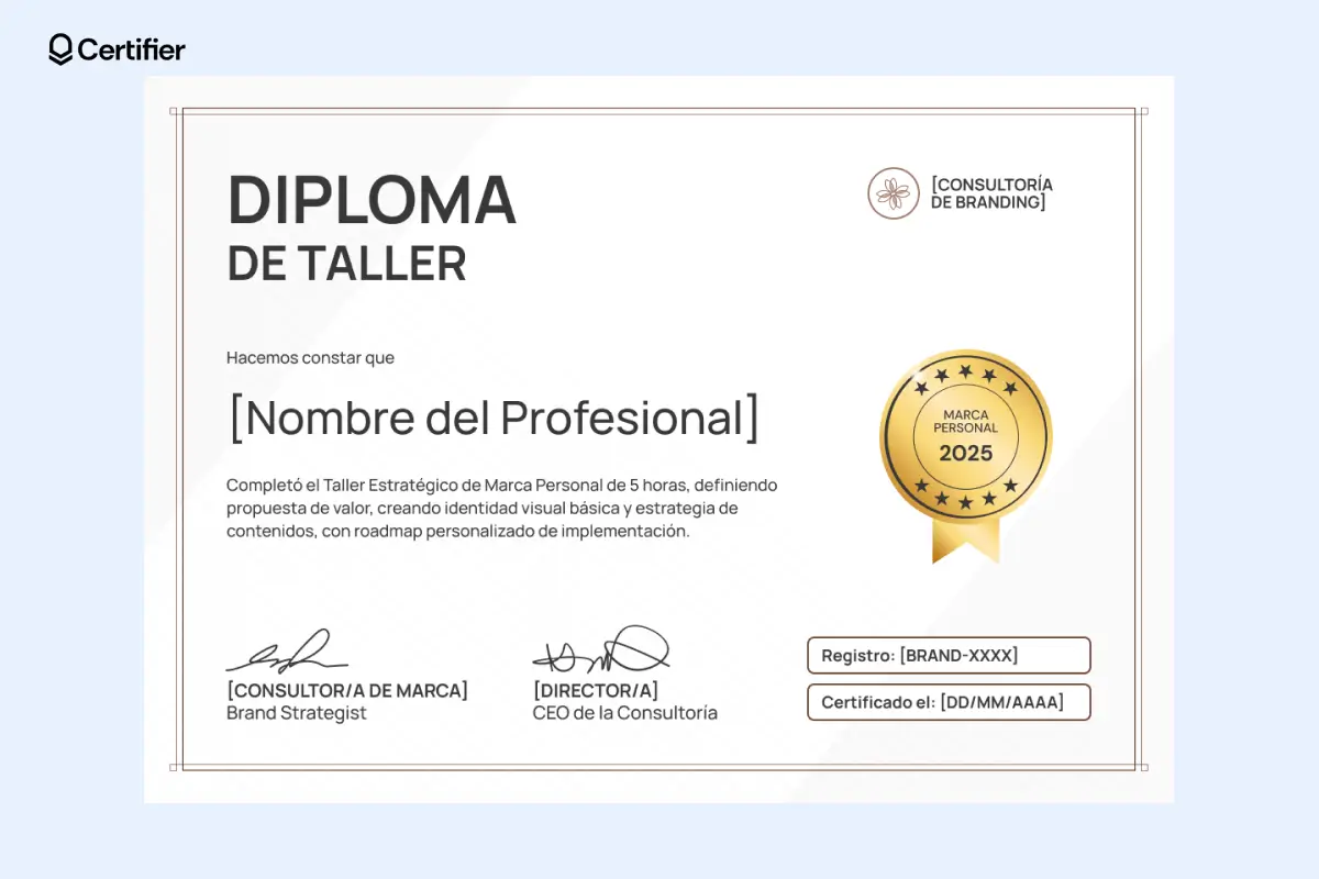 Plantillas de certificados para talleres en tonos beige con ID y fecha de emisión.