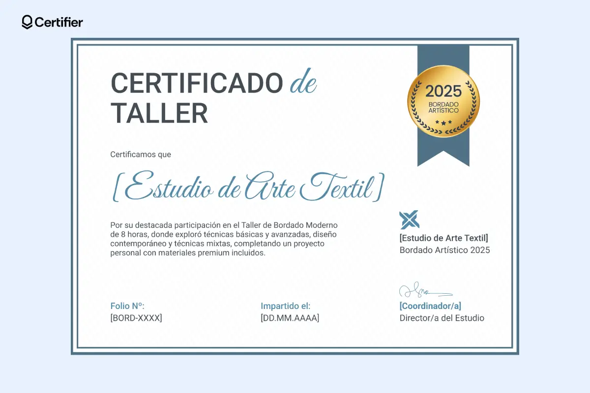 Certificados editables para talleres con marco azul y diseño limpio.