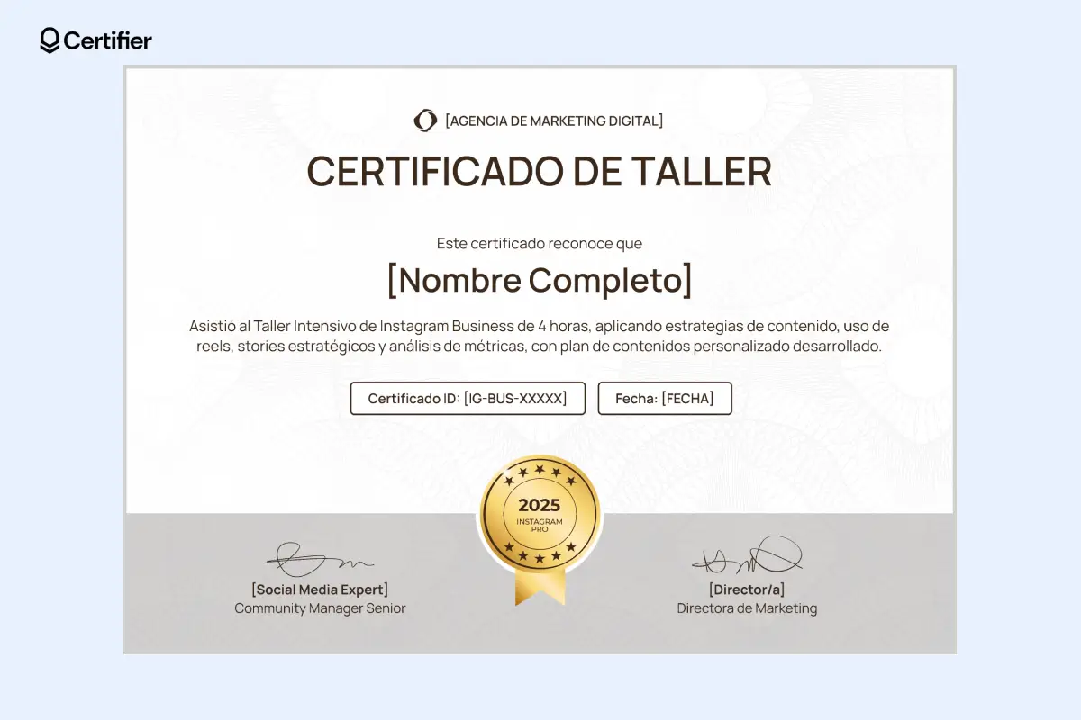 Plantillas de certificados para talleres con insignia dorada y espacio para firmas.