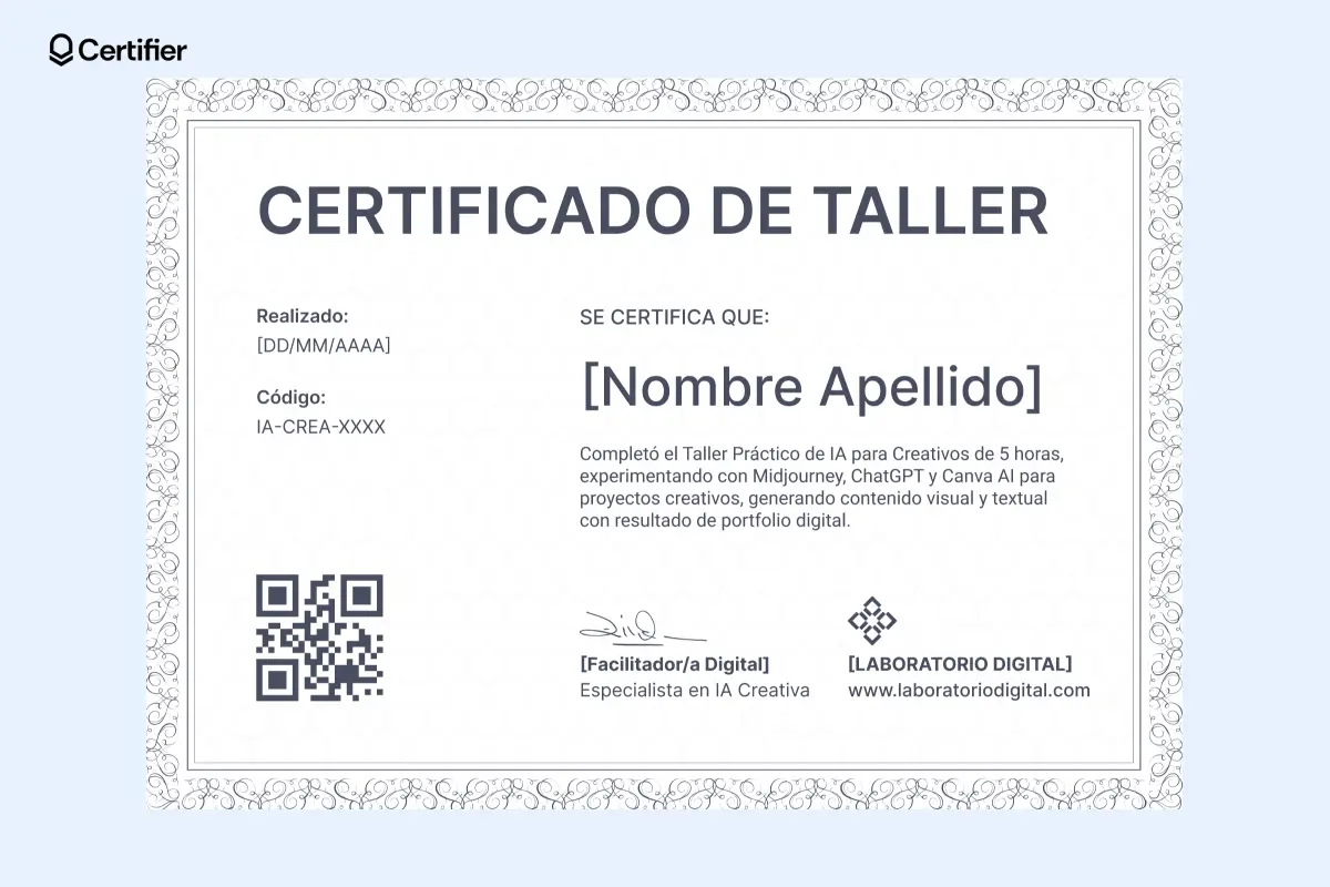 Modelos de certificados de taller llamativos con código QR en la esquina y diseño estructurado.