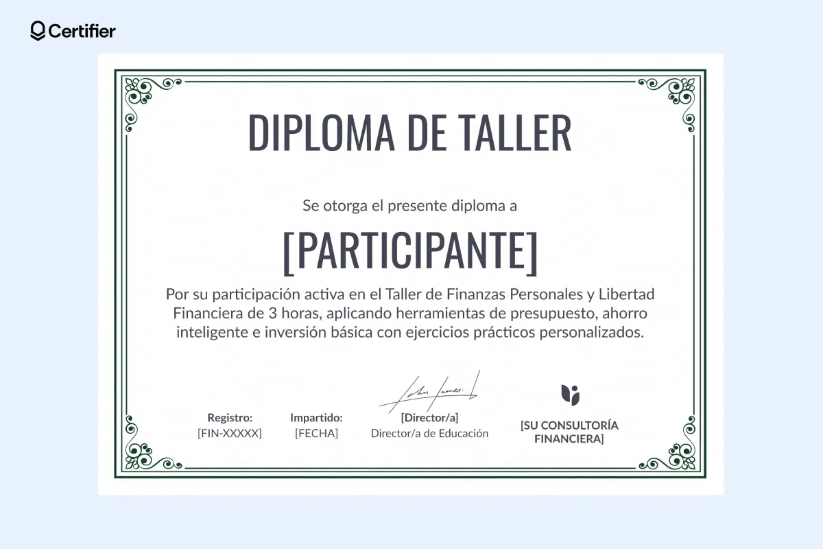 Modelos de certificados de taller con bordes decorativos y espacio para logotipo y firmas.
