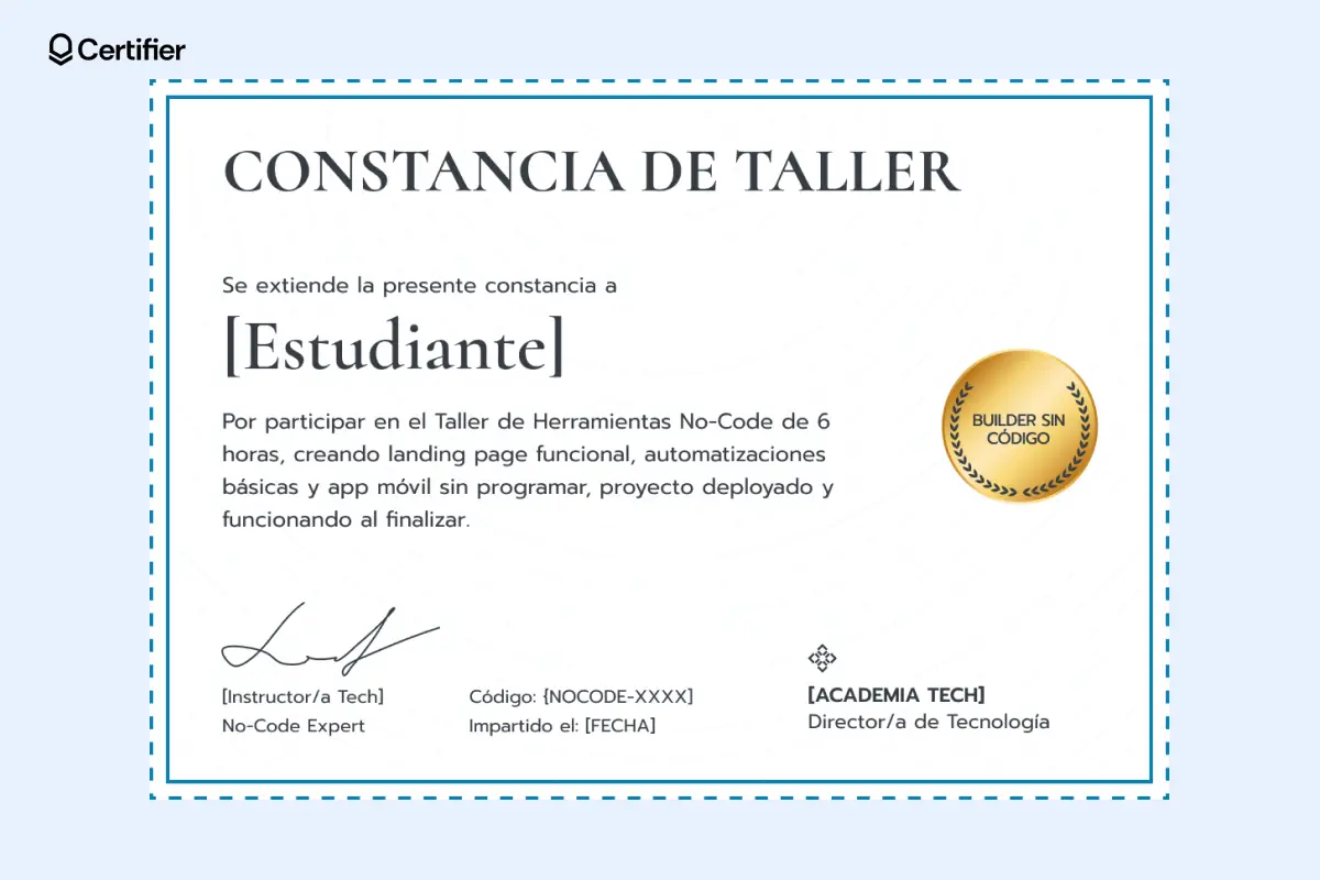 Certificados de participación en talleres con insignia dorada y bordes coloridos.