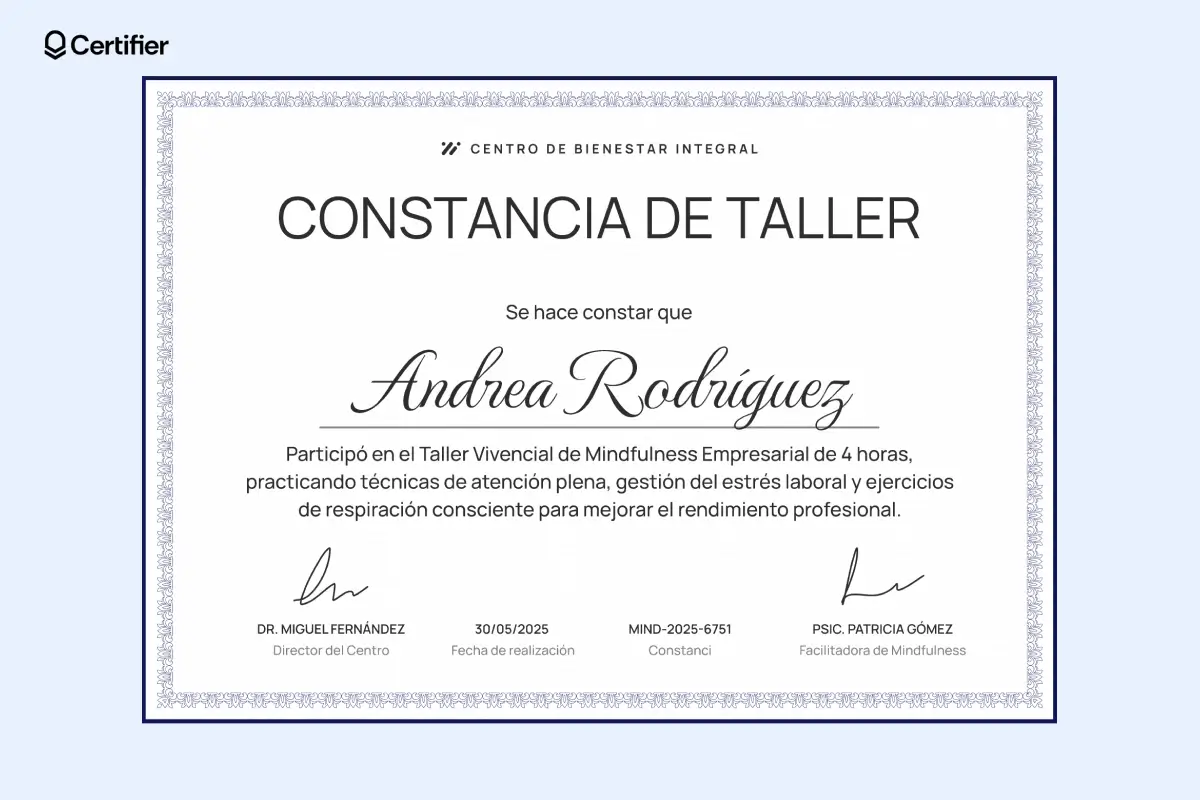 Modelos de certificados de taller clásicos con bordes decorativos y nombre del destinatario en el centro.