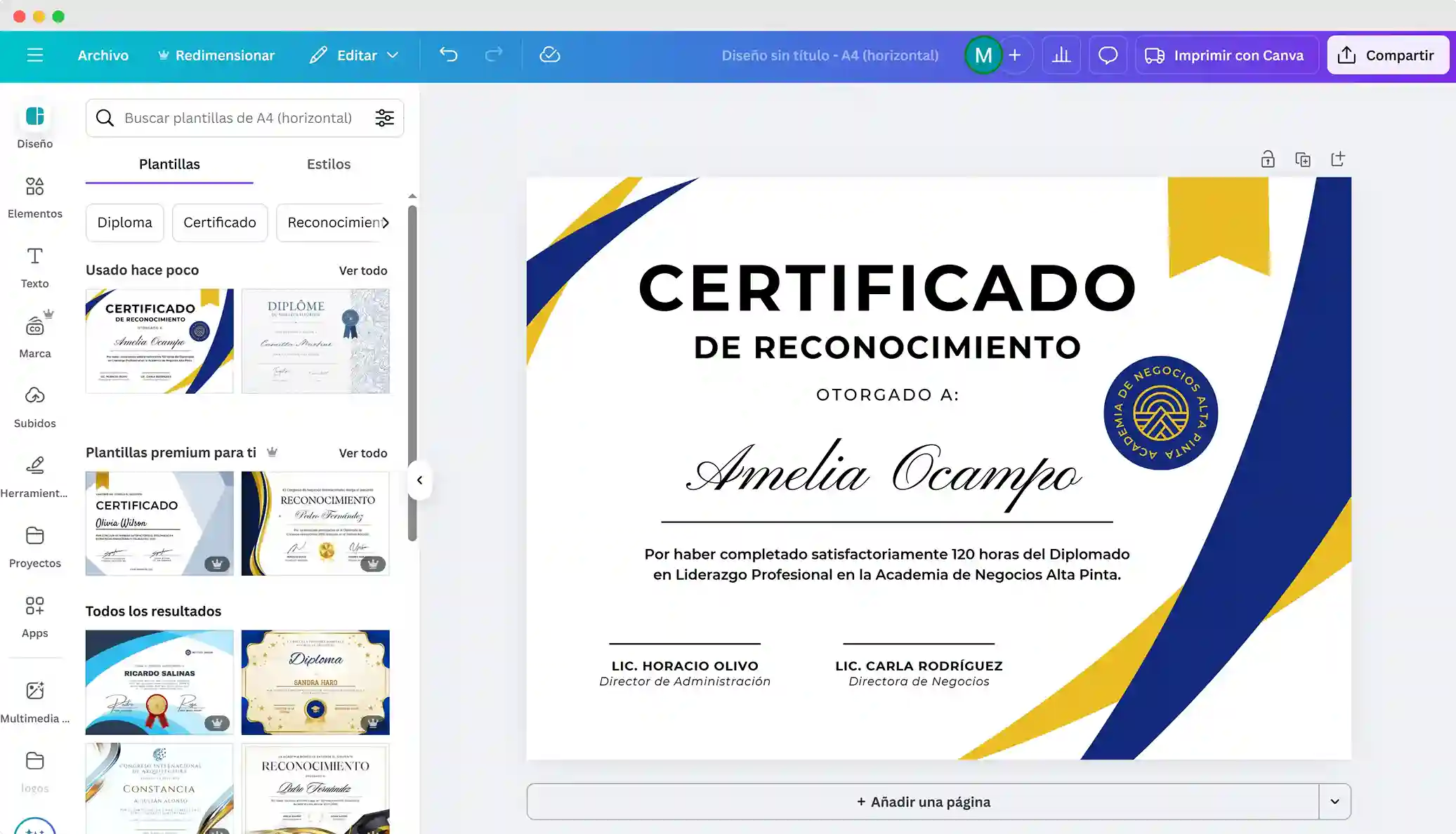 Generador de certificados online en Canva con plantillas editables para diplomas, certificados de logro y de reconocimiento.