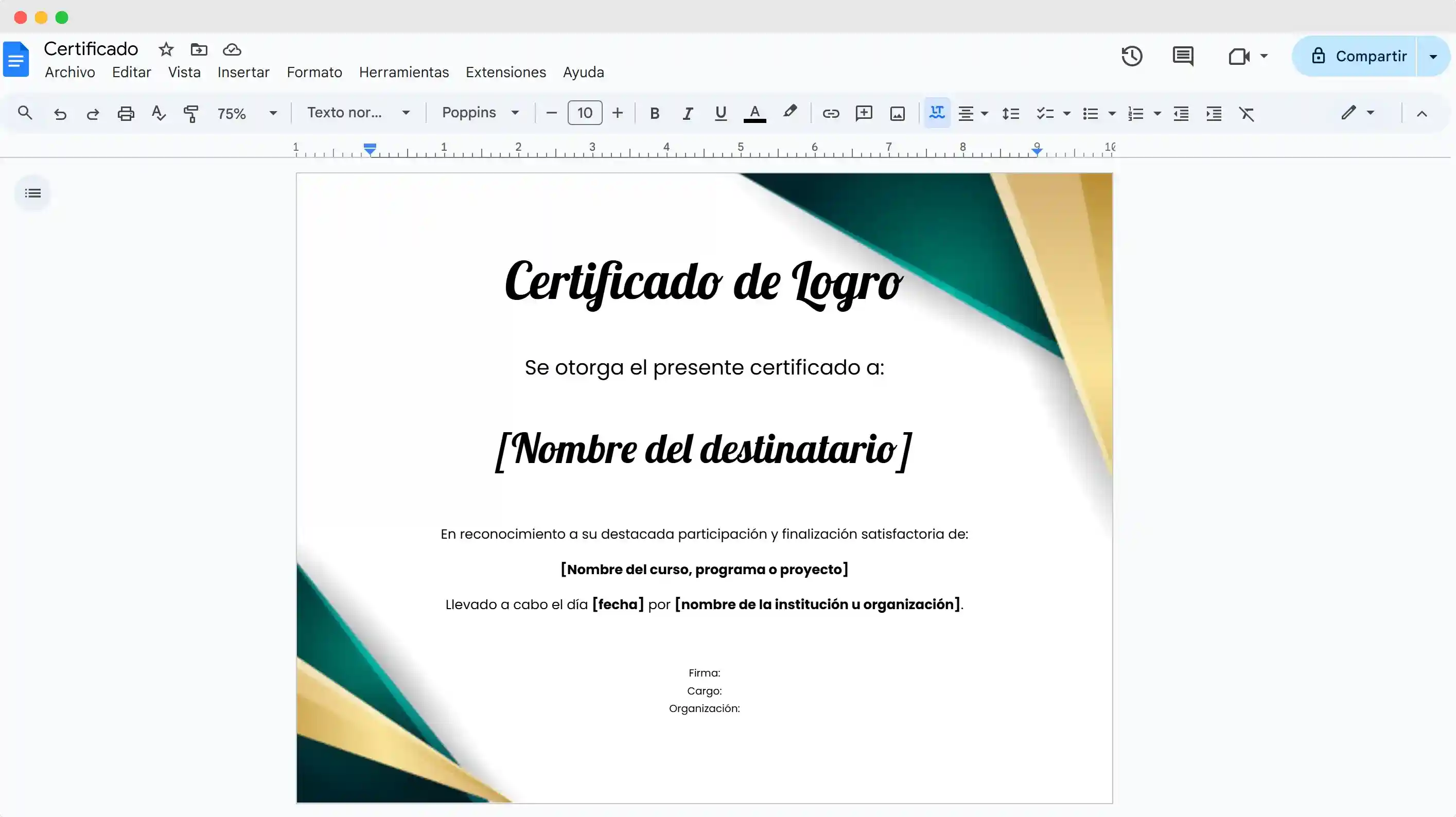 Generador de certificados gratis en Google Docs mostrando un certificado básico creado desde cero.