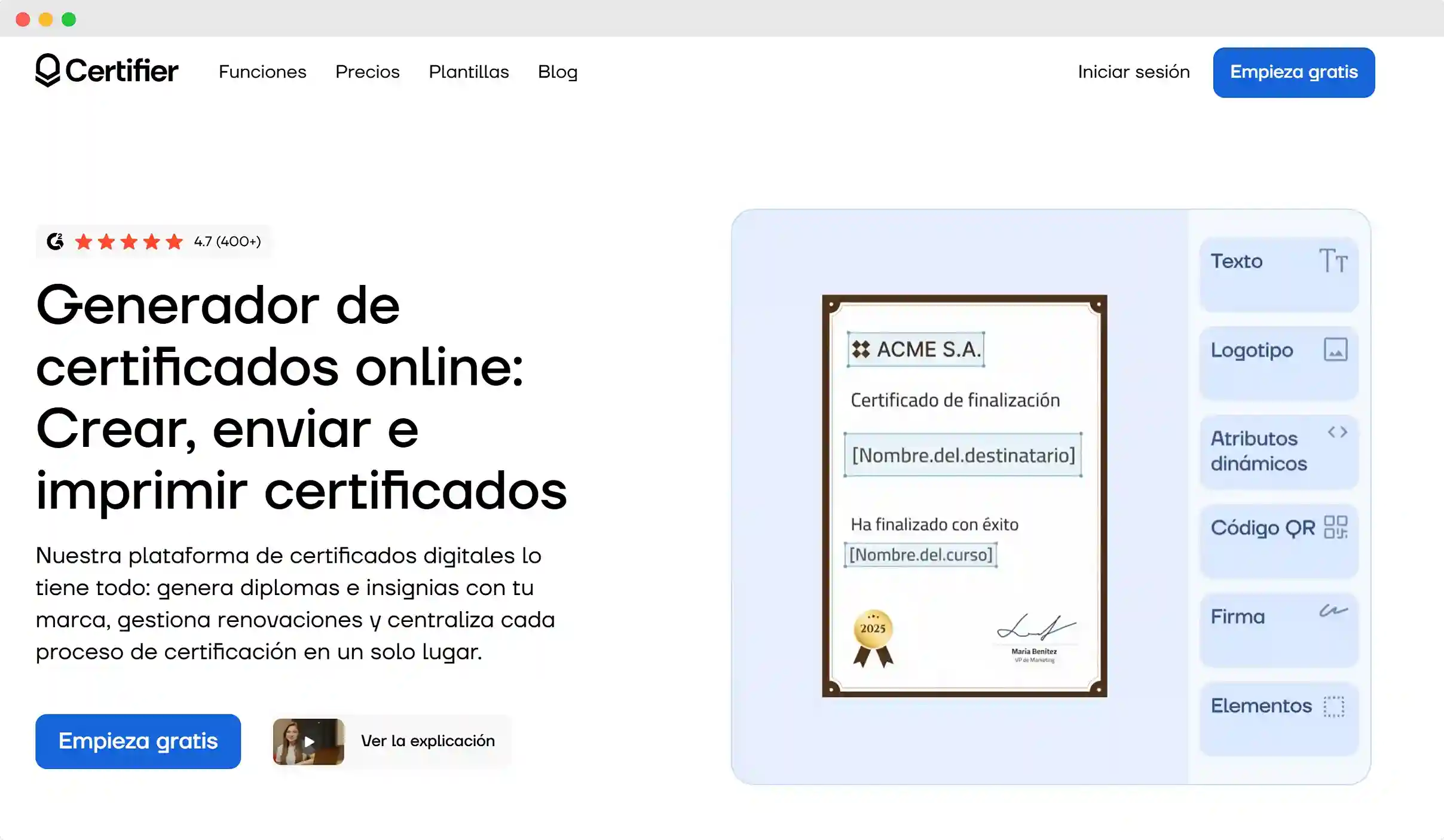 Generador de certificados online Certifier mostrando la creación, personalización y envío de certificados digitales.