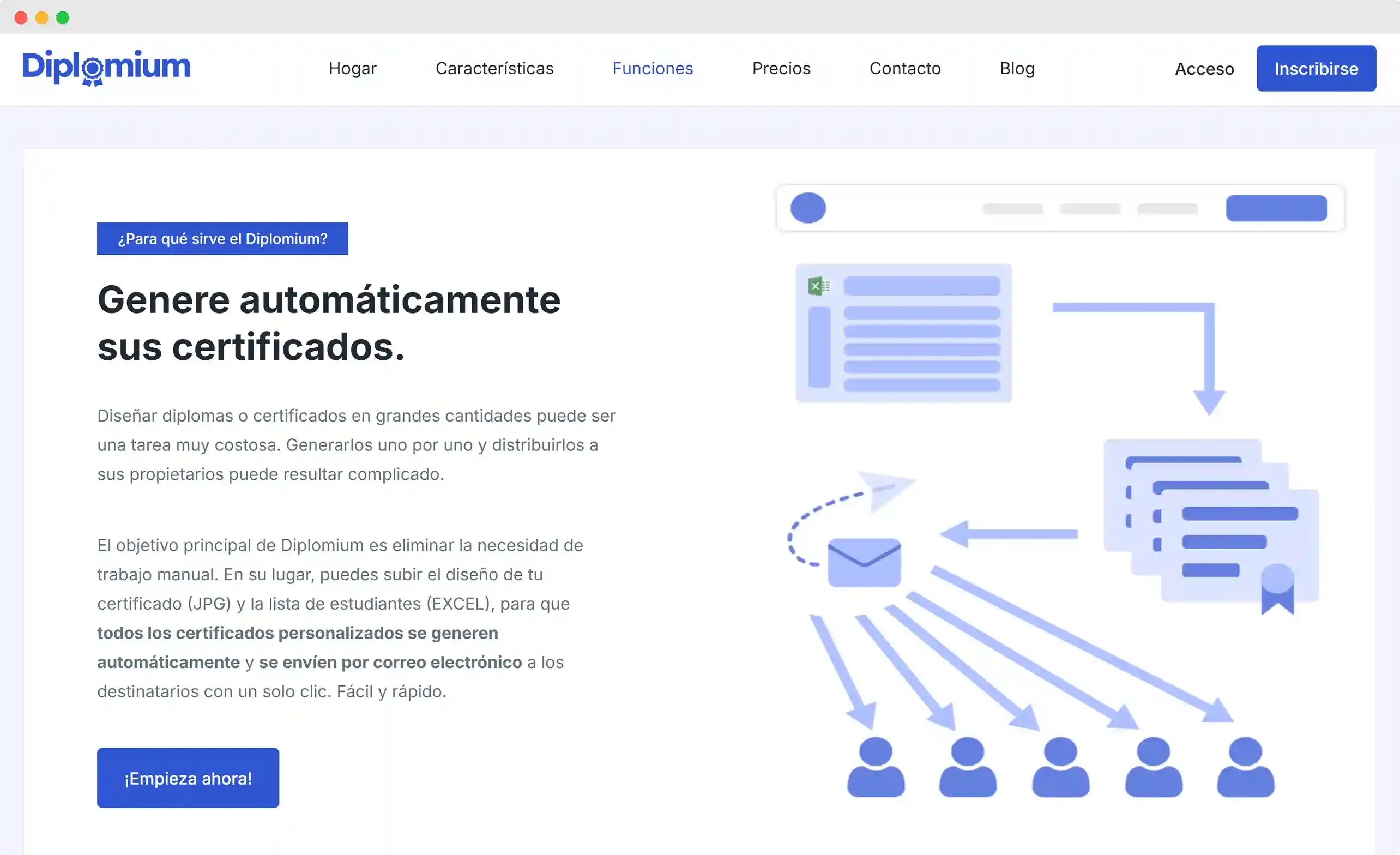 Generador de certificados digitales Diplomium mostrando la creación automática de certificados personalizados con lista de destinatarios en Excel.