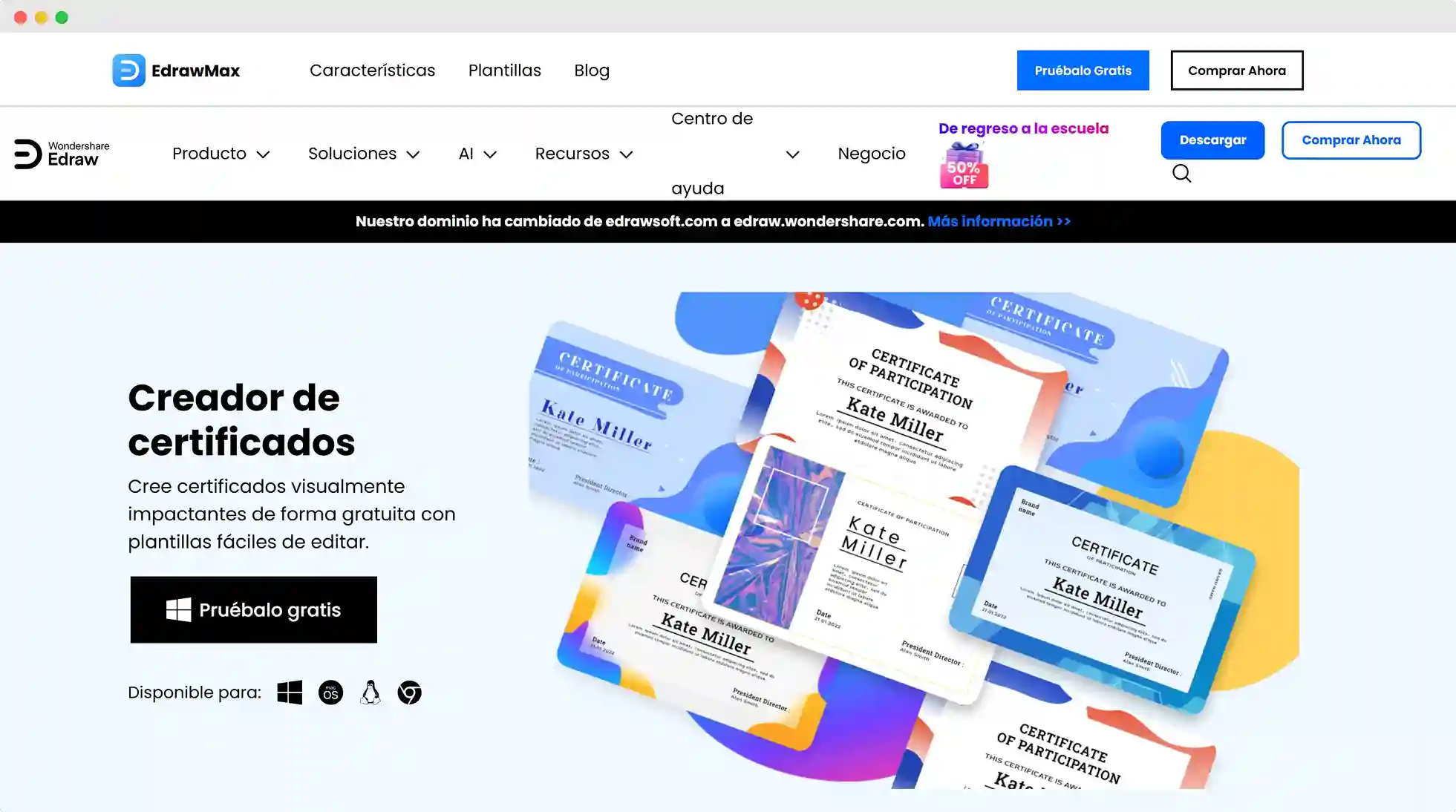 Generador de certificados gratis EdrawMax con plantillas visuales para crear certificados personalizados.