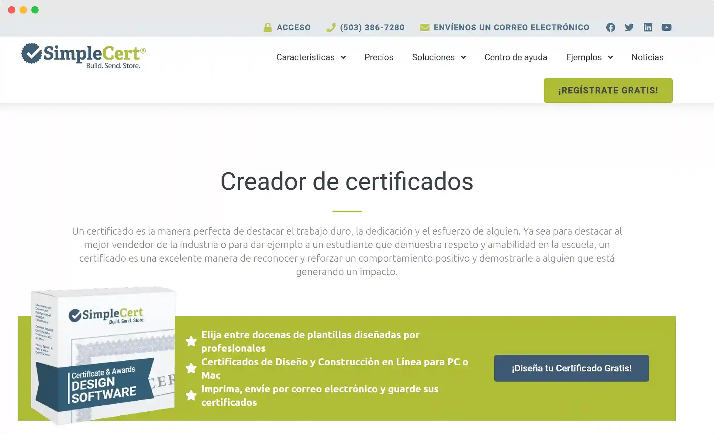 Generador de certificados digitales SimpleCert mostrando funciones básicas para crear y enviar certificados.