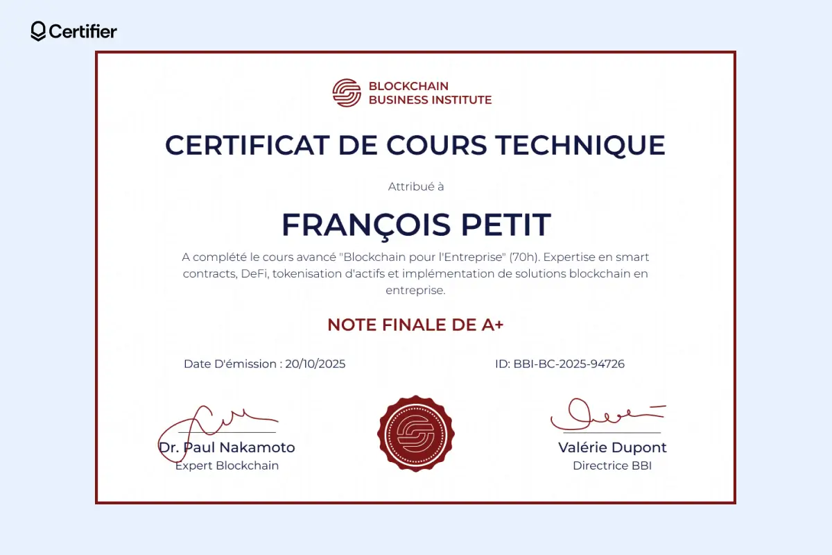 Modèle de certificat de cours technique pour les formations blockchain, avec note finale en évidence et design structuré.