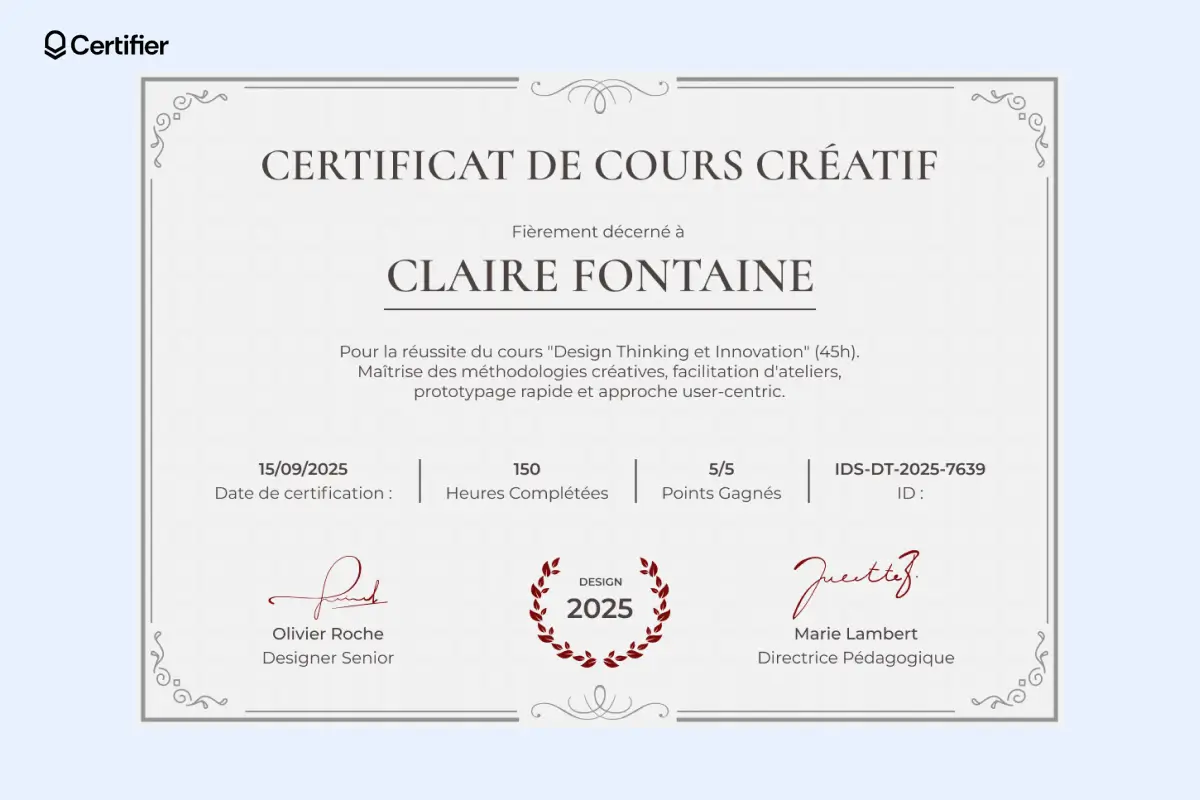 Modèle de certificat de cours créatif avec bordures décoratives, parfait pour un certificat de formation en design ou innovation.