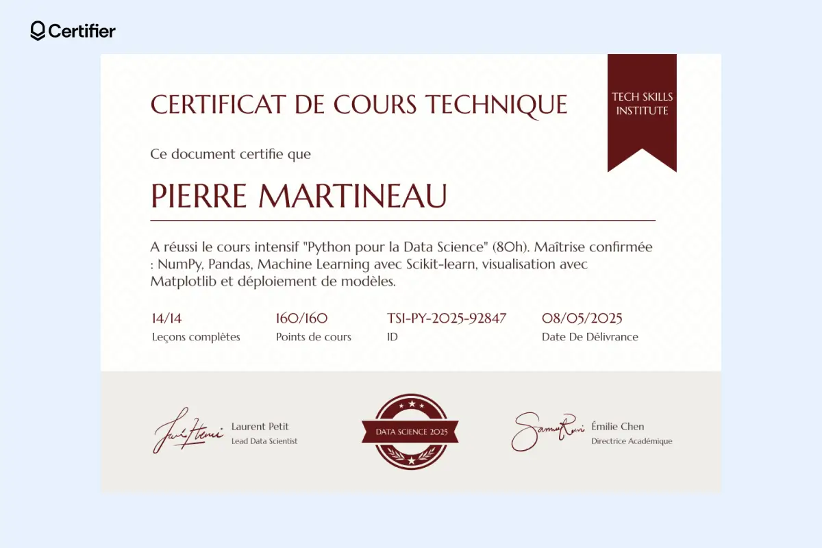 Modèle de certificat technique rouge pour cours en data science, structuré avec signatures, badges et tous les détails du cours clairement affichés.