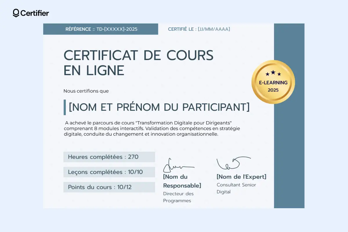 Modèle certificat de cours en ligne bleu avec sceau doré, idéal pour valoriser les réussites dans des formations digitales.