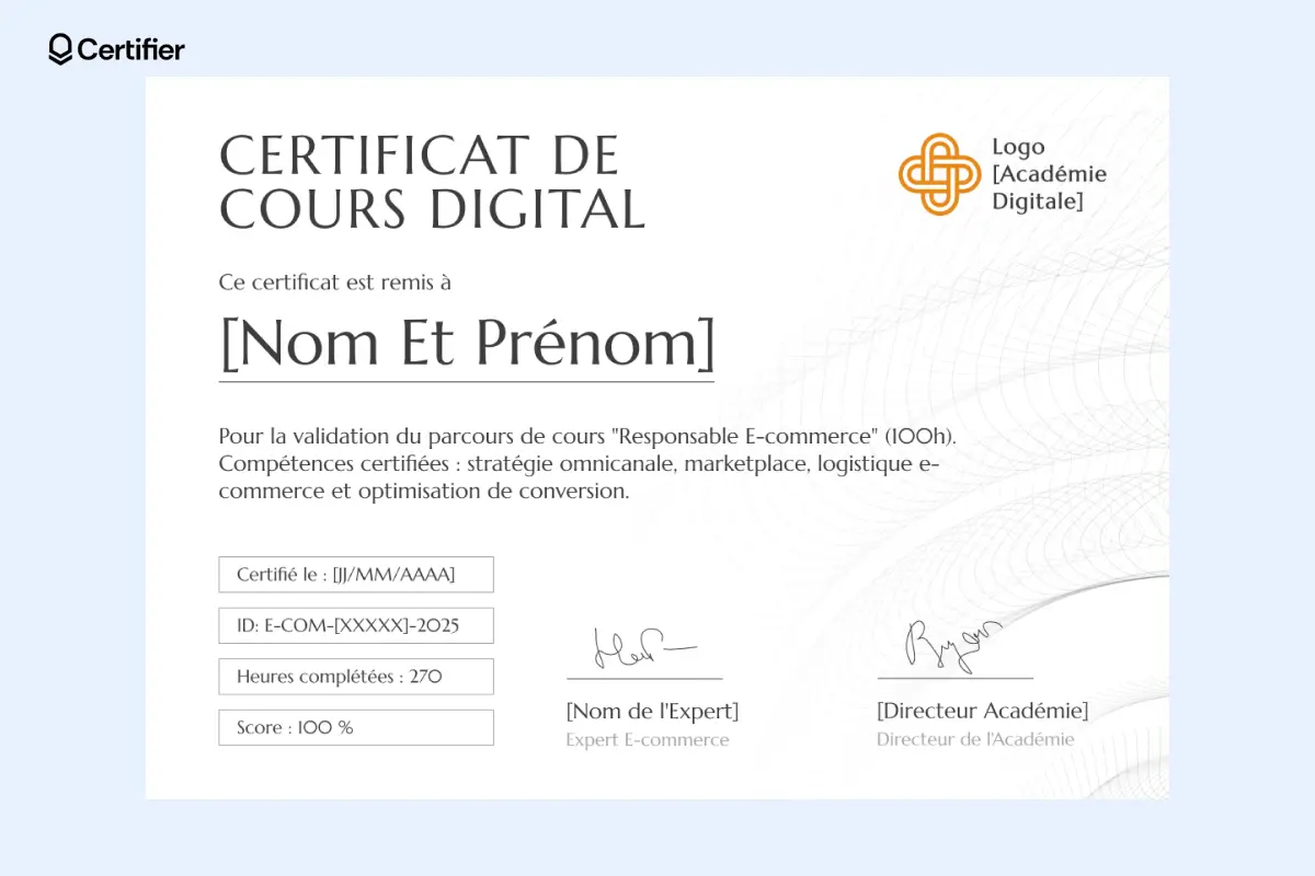Modèle certificat de cours digital épuré avec touches jaunes, parfaitement adapté aux formations en entreprise ou en e-learning.