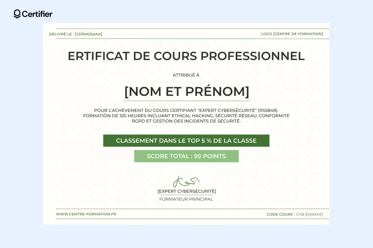 Un modèle de certificat de cours IT avec des éléments verts élégants au centre et aux coins, parfait pour une distribution en masse de certificats.