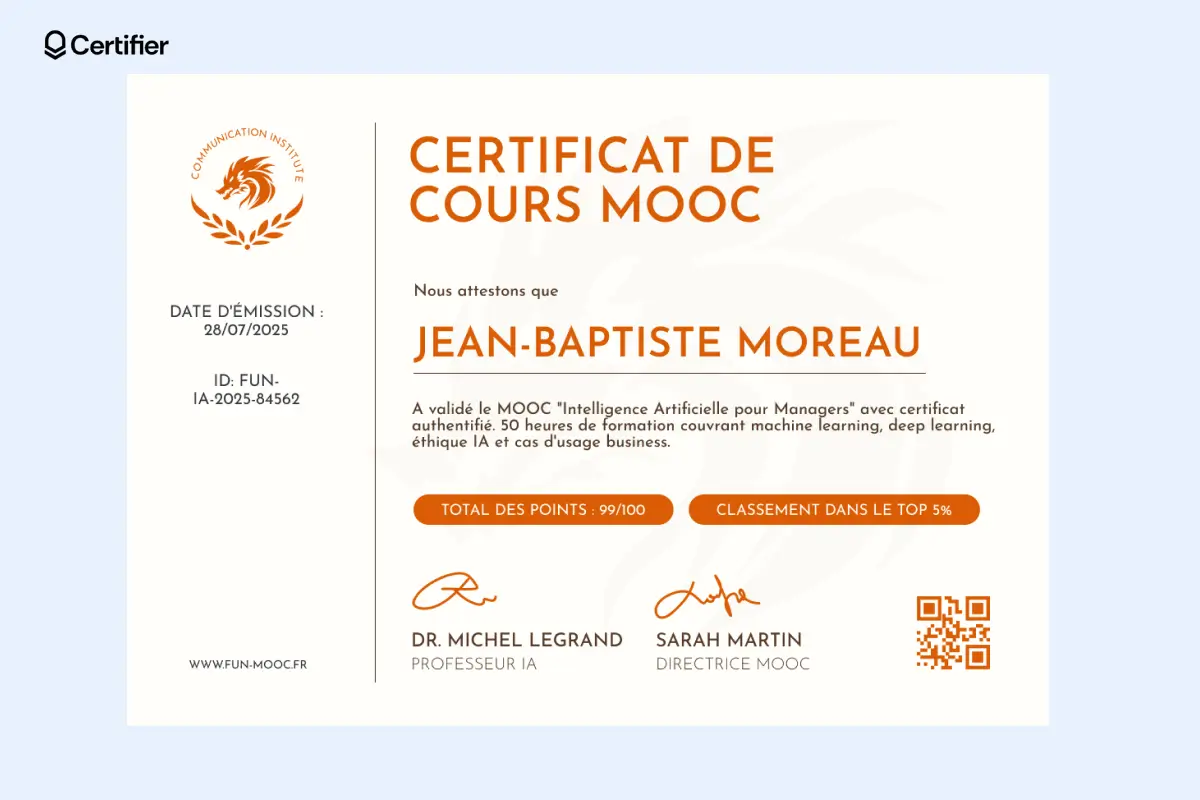Modèle de certificat de cours en ligne MOOC, idéal pour la formation à distance avec QR code et mise en page professionnelle.