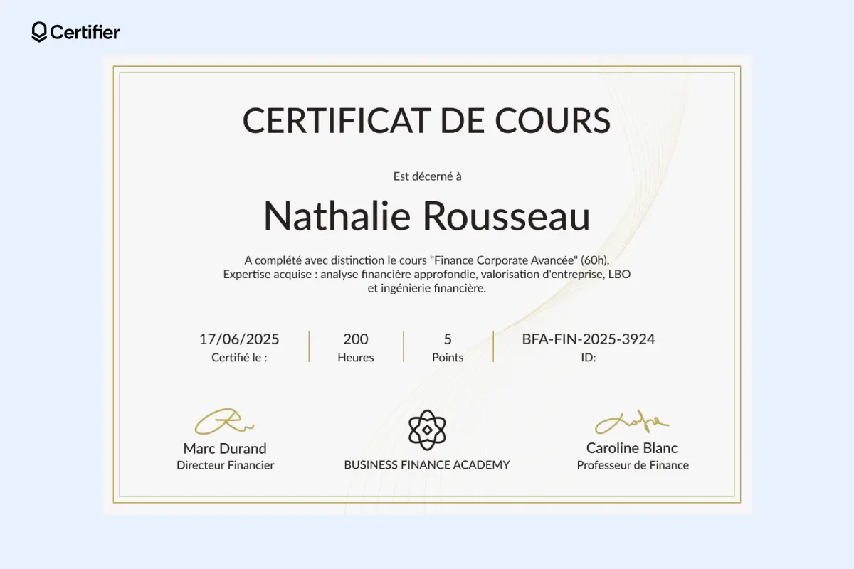 Un modèle lumineux avec des lignes verticales pour séparer les données, une mise en page claire et aérée, et un logo entre deux signatures.