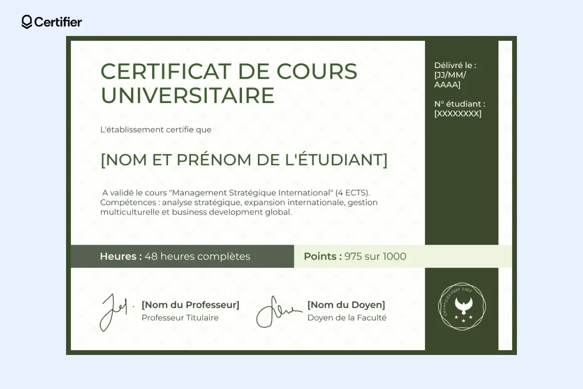 Modèle de certificat universitaire vert avec encadré clair, conçu pour des certificats de cours en ligne en management stratégique international.