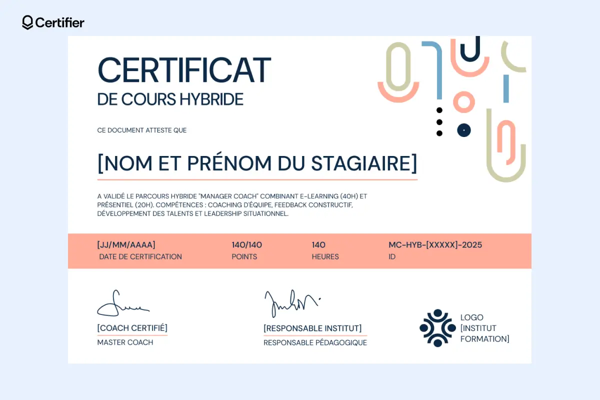 Modèle certificat de cours hybride coloré avec éléments graphiques modernes, parfait pour des formations pratiques ou artistiques.