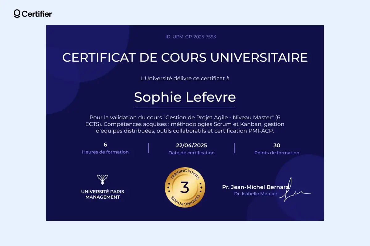Certificat de cours bleu marine avec des cercles plus clairs en arrière-plan et une police blanche ; le sceau doré au centre donne une touche élégante à ce modèle de certificat de formation bureautique.