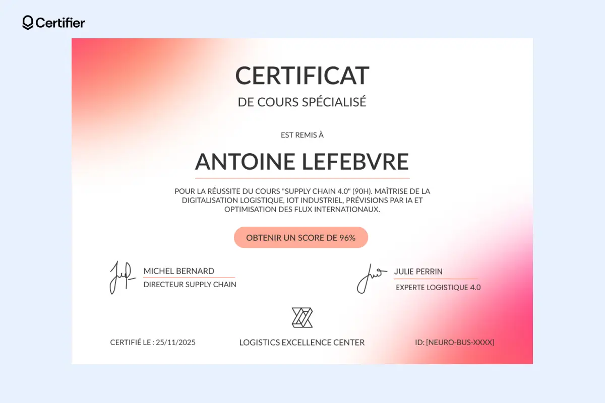 Modèle de certificat de formation spécialisé en logistique ou supply chain, avec fond dégradé et score affiché.