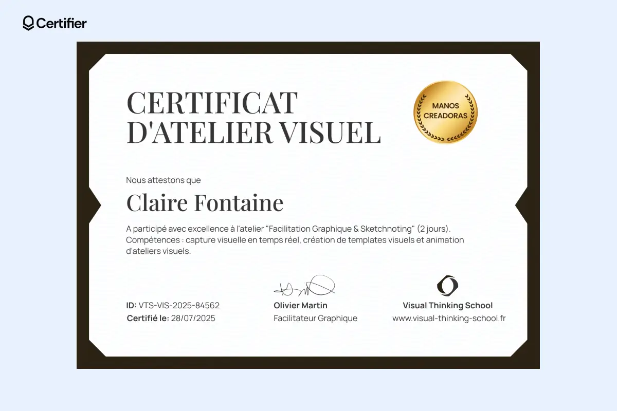 Certificat de participation avec badge doré en haut à droite et encadré noir épais.