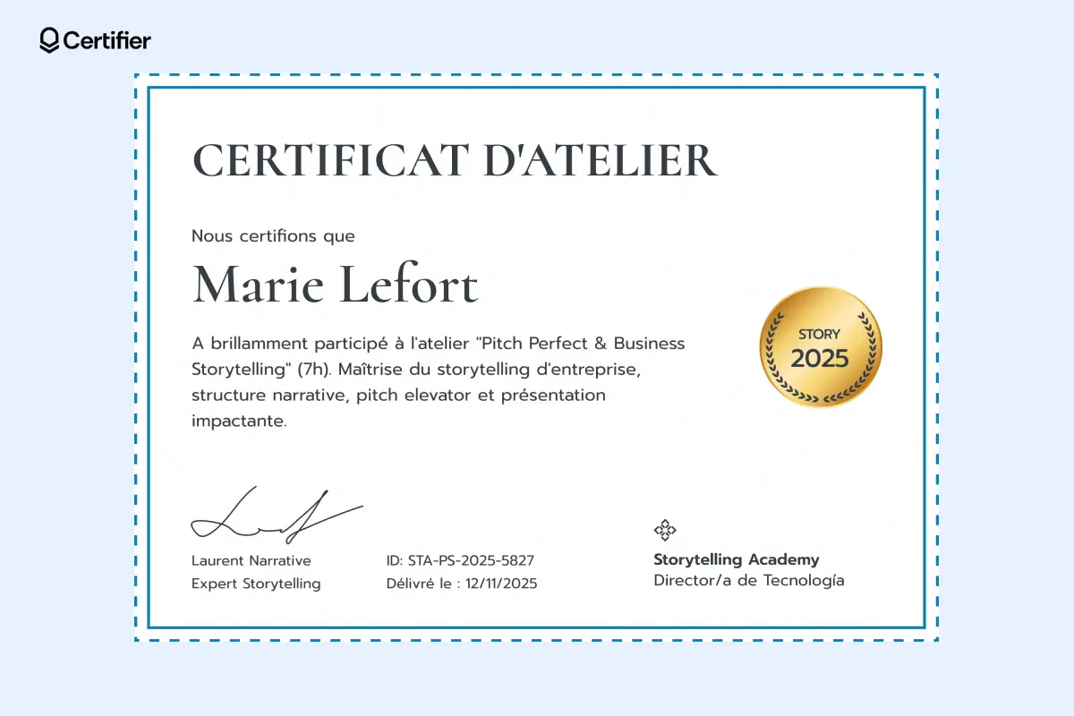 Certificat atelier modèle avec couleurs violettes douces et espace pour logo et signature.