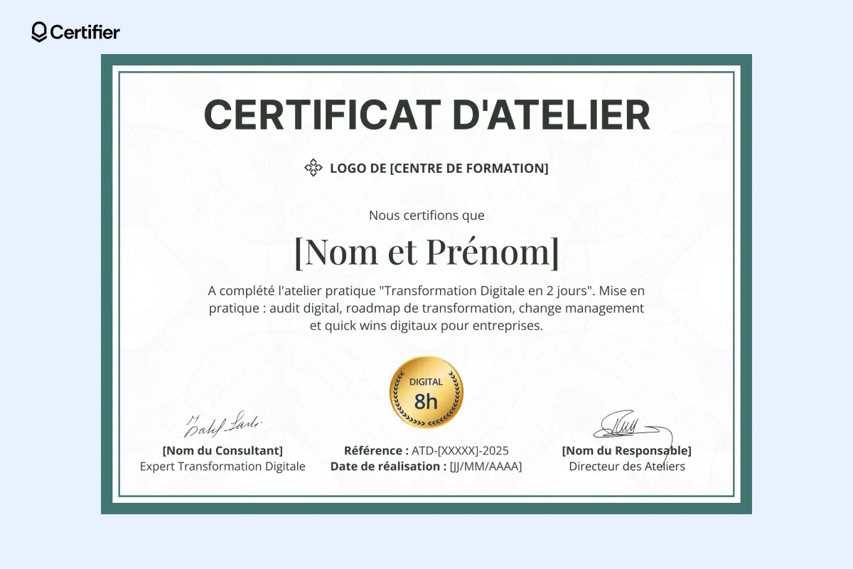 Modèle certificat atelier avec cadre foncé et badge doré centré.
