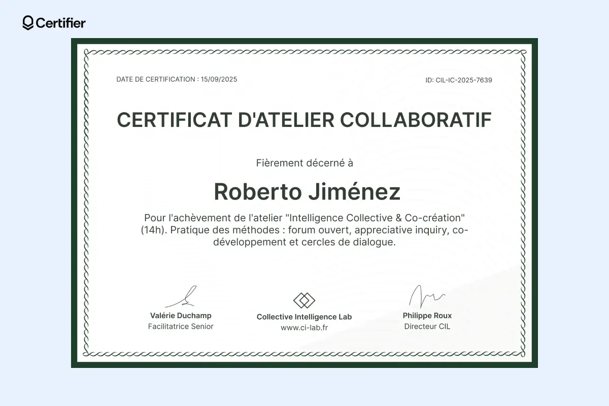 Modèle certificat atelier avec nom du participant en gras et zones dédiées aux signatures.