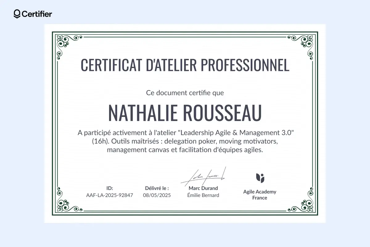 Certificat atelier modèle avec cadre décoratif et zone dédiée aux signatures et logos.