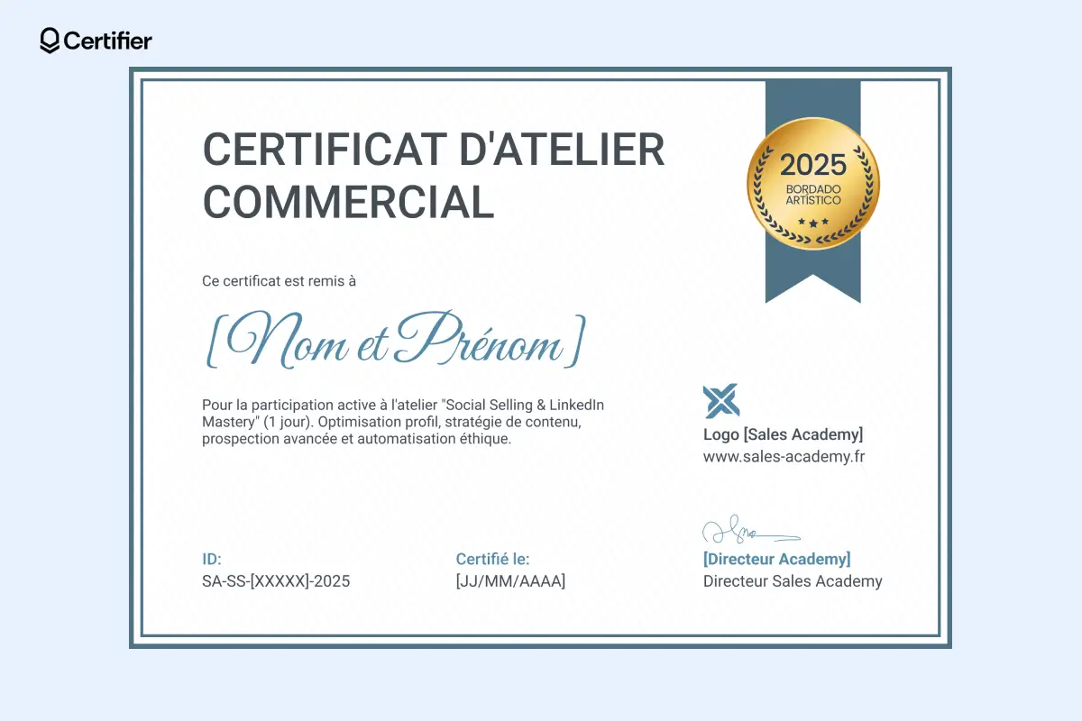  Certificat atelier avec cadre bleu clair et typographie douce, disponible en Word et PDF.