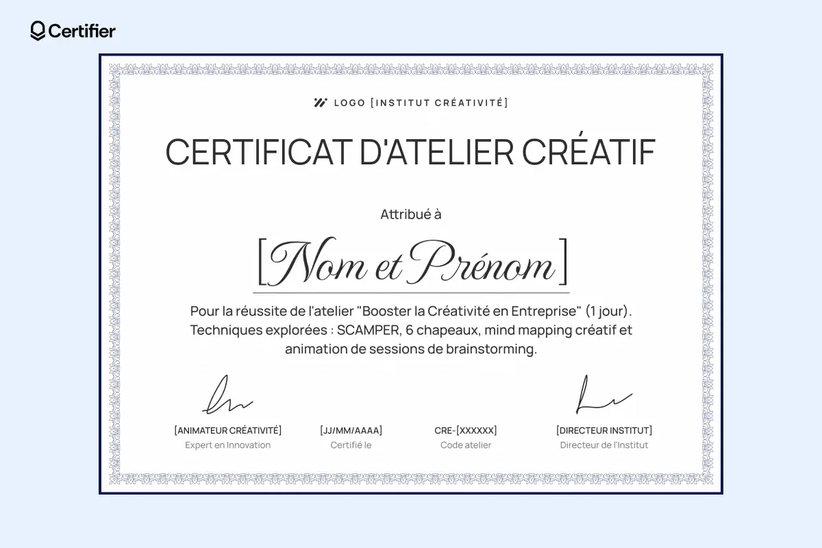Modèle certificat atelier avec cadre décoratif et nom du participant mis en valeur au centre.