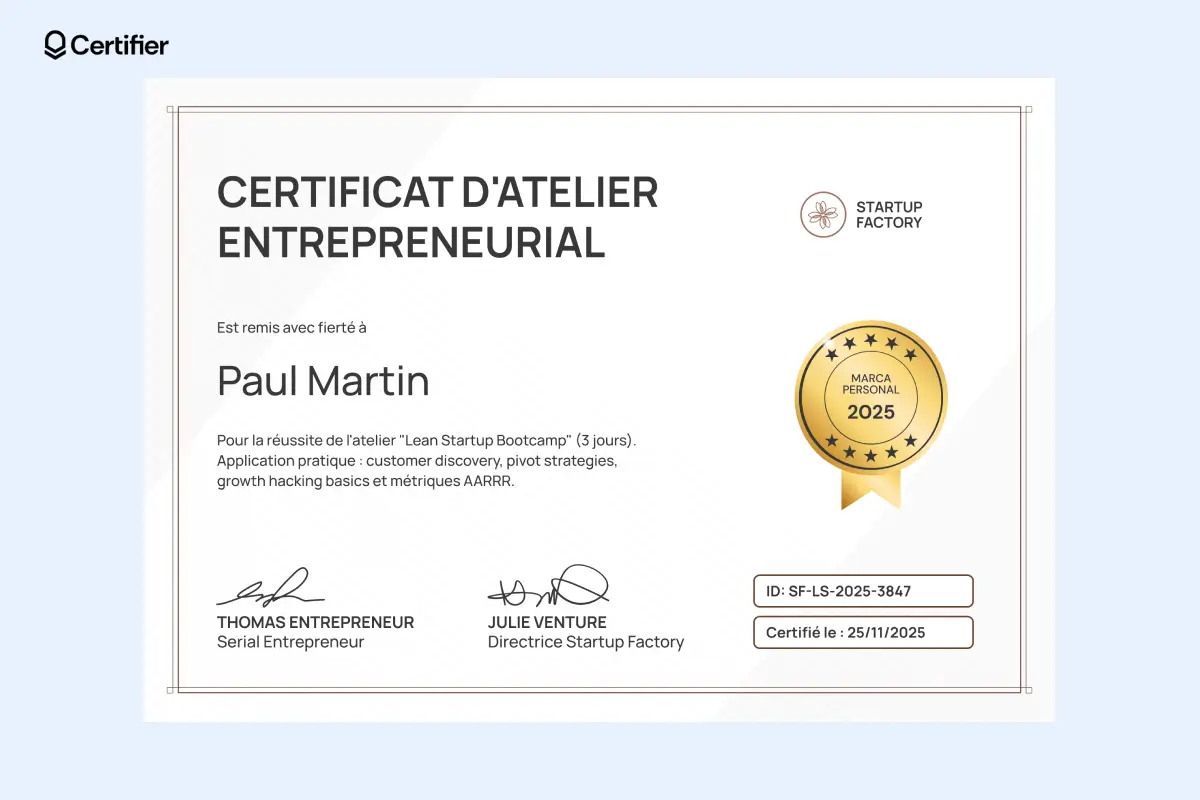 Certificat de participation avec police en gras, encadré discret et signature électronique.