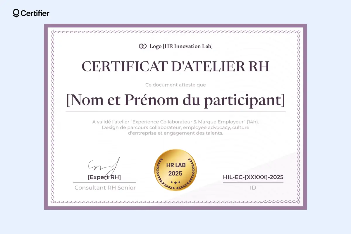 Modèle certificat atelier avec double bordure colorée et badge doré central.
