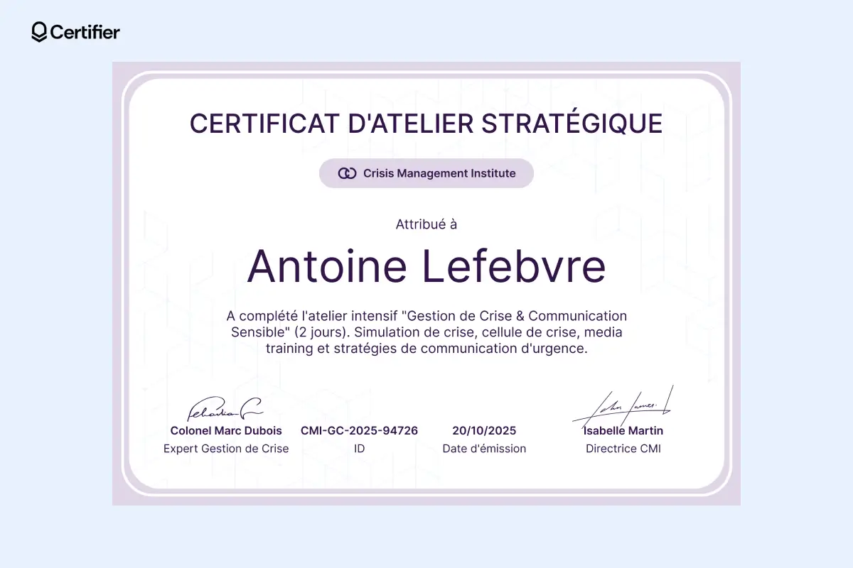 Modèle certificat atelier commercial avec badge doré, logo et mention de l’ID et de la date.