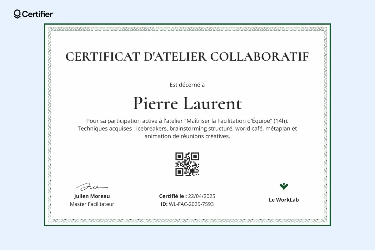 Certificat atelier modèle avec QR code centré et mise en page épurée.