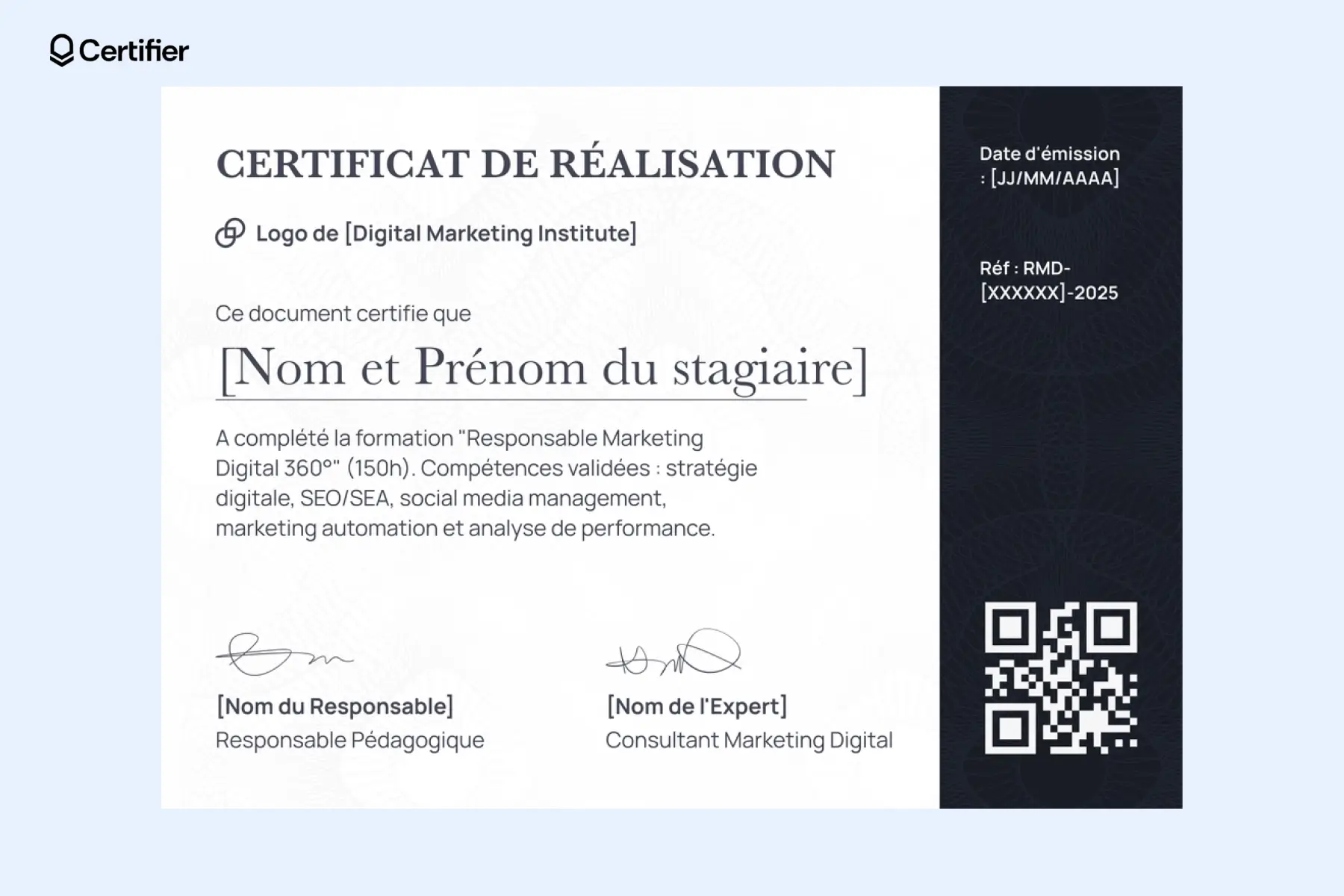 Diplôme professionnel Word avec lignes épurées et tons verts modernes.