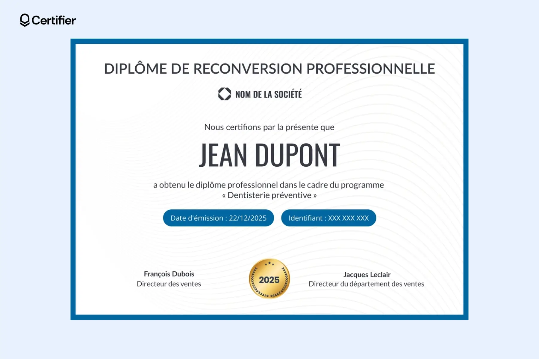 Diplôme Word moderne avec dégradé violet et éléments graphiques.