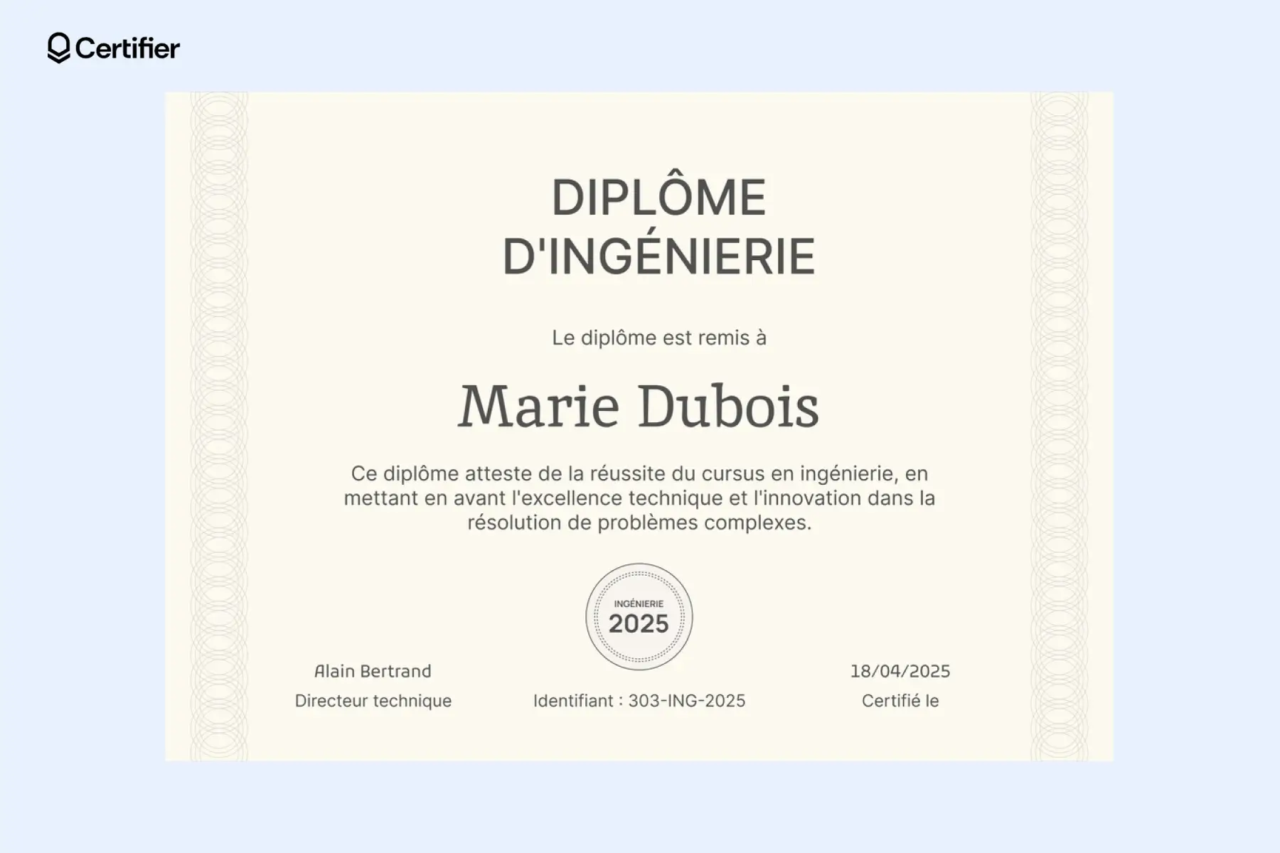 Diplôme Word élégant avec colonnes traditionnelles et bordures raffinées.