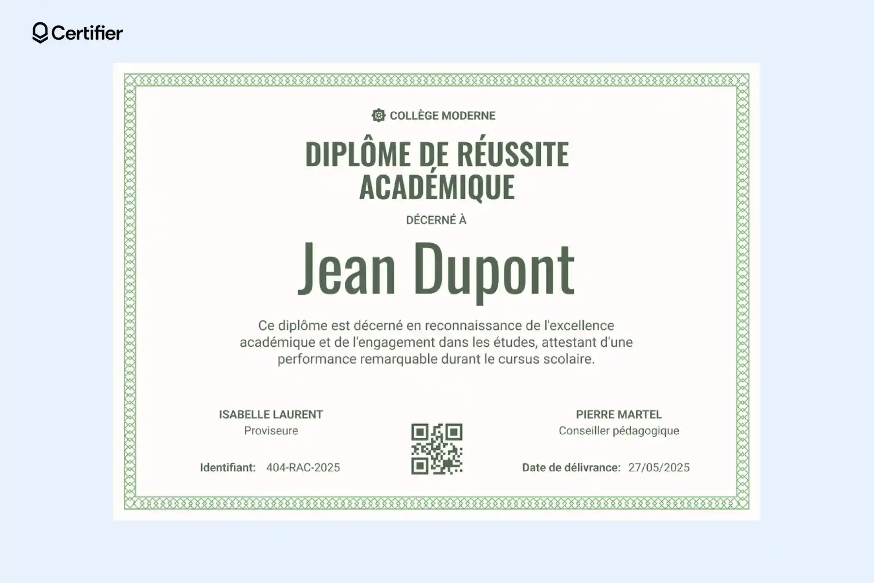 Diplôme Word distingué avec ruban vert et sceau doré.
