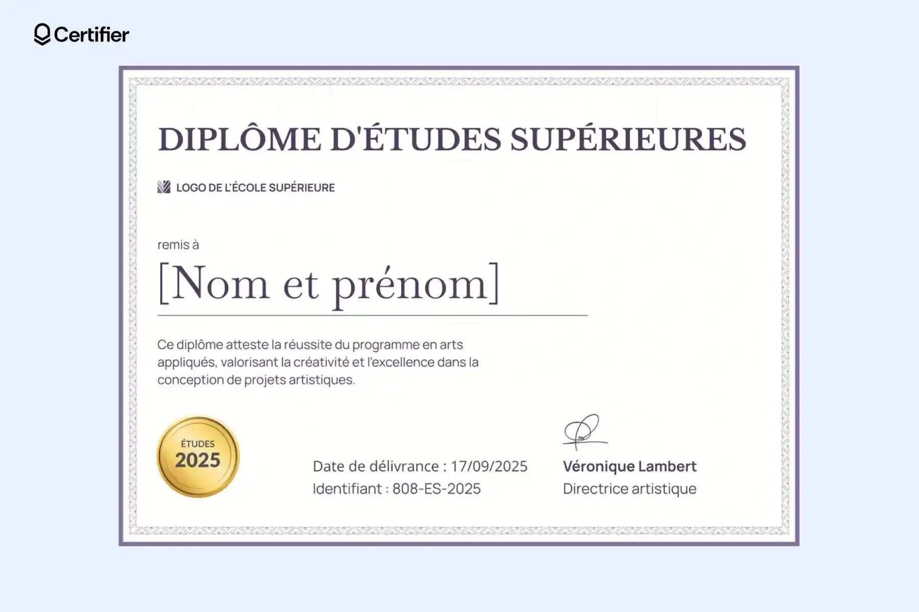 Modèle diplome gratuit bordure Word professionnel avec QR code intégré.