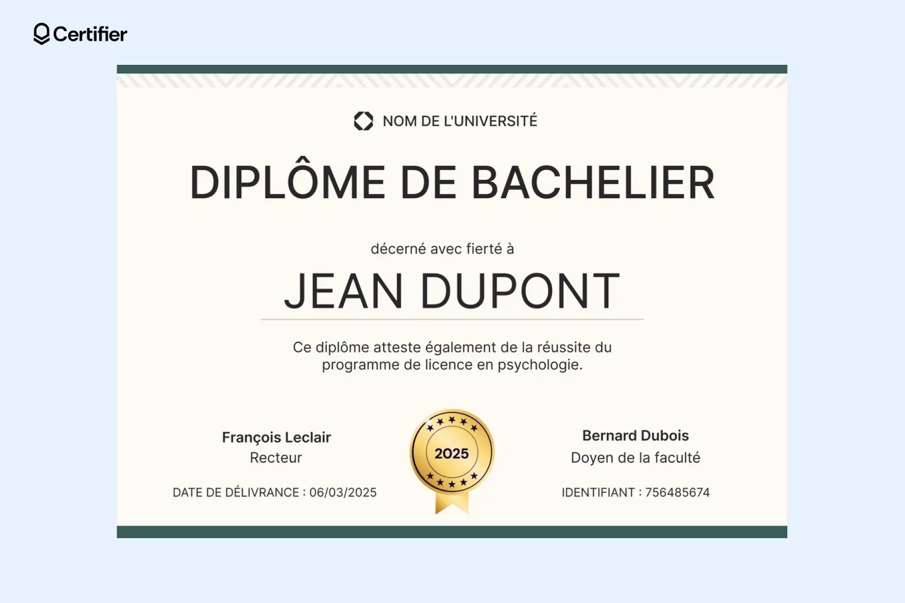 Modèle diplome gratuit bordure Word académique avec couleurs vives et zones signatures.
