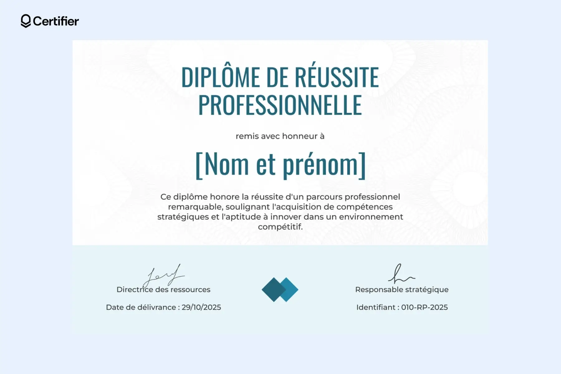 Télécharger modèle diplome Word formel avec cadre bleu et espace logo.
