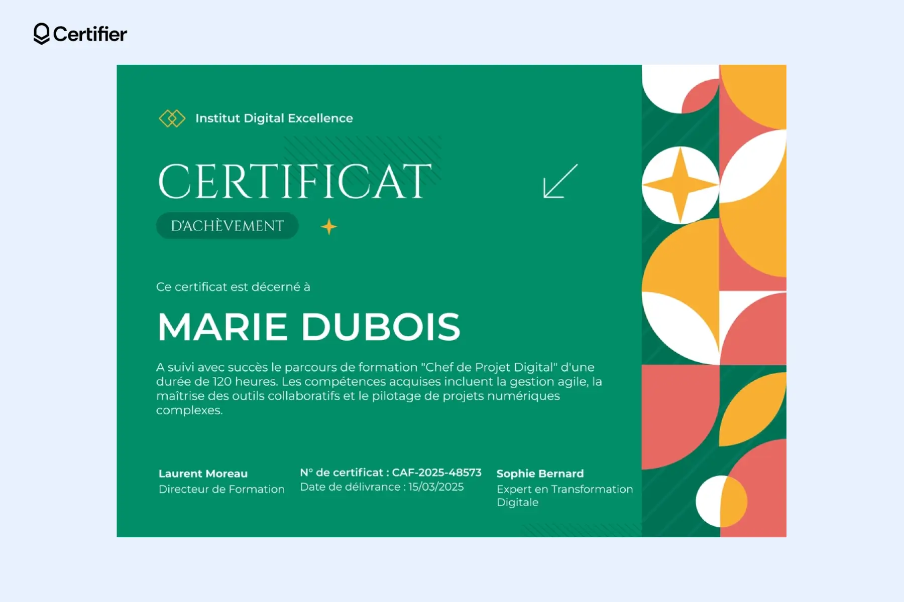 Modèle diplome gratuit bordure Word de fin de formation avec badge doré.