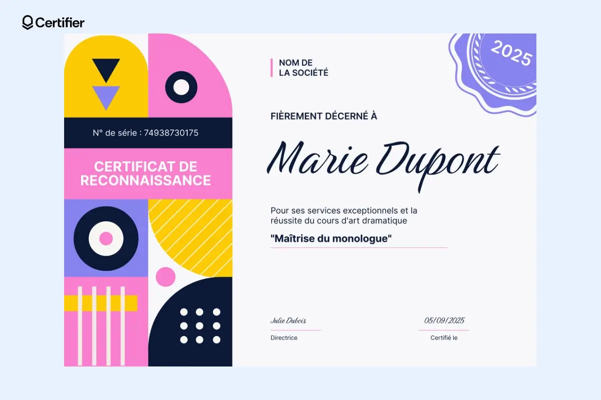 Modèle diplôme PowerPoint moderne violet avec ruban décoratif et espace pour logo d’entreprise.