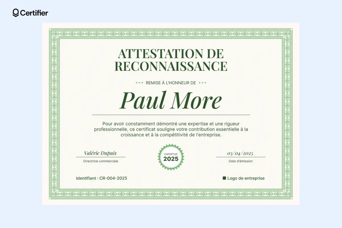 Modèle certificat PowerPoint pastel avec espace pour description, signatures et nom du récipiendaire.
