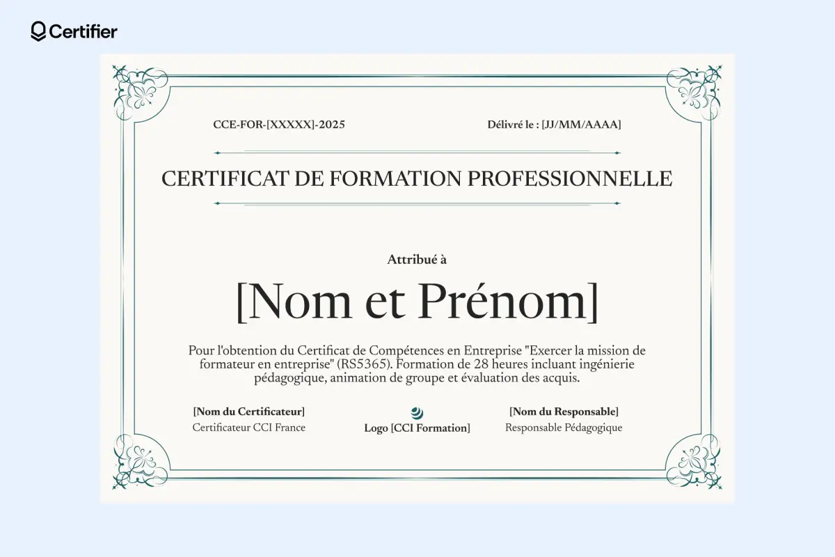 Modèle de diplôme PowerPoint bleu pastel avec badge central et arrière-plan dégradé.