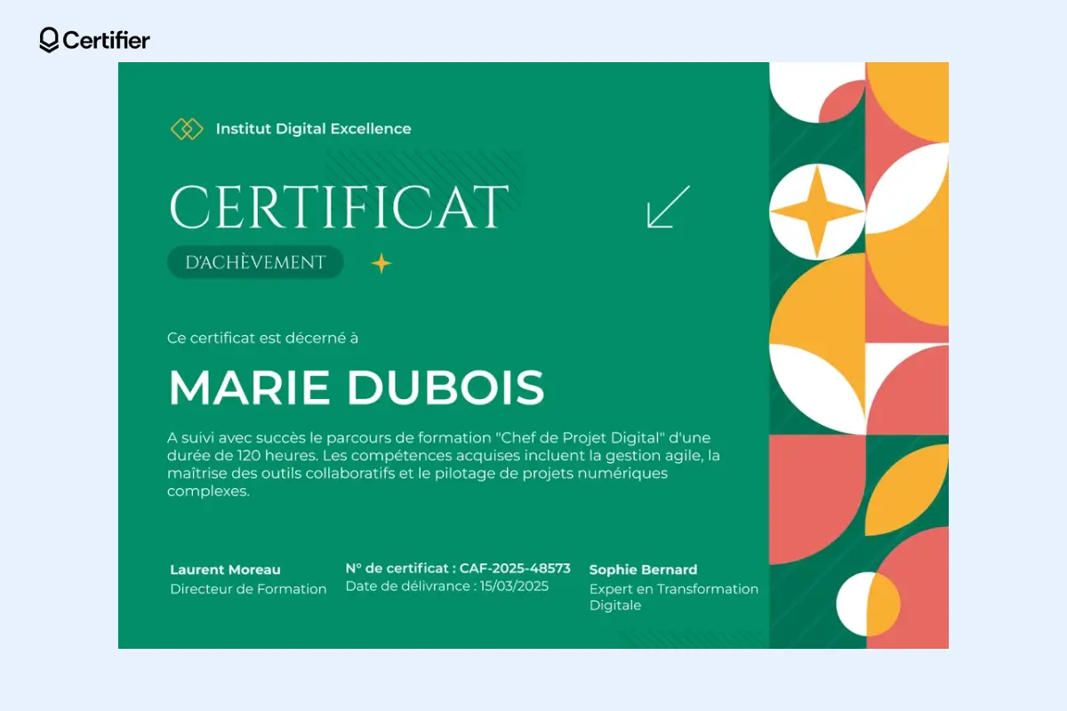 Modèle diplôme PowerPoint vert élégant avec accents dorés et typographie moderne.