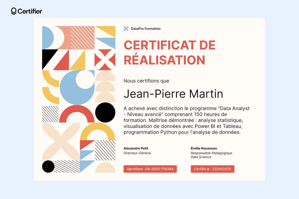 Modèle certificat PowerPoint coloré avec motifs floraux et éléments décoratifs pour étudiants